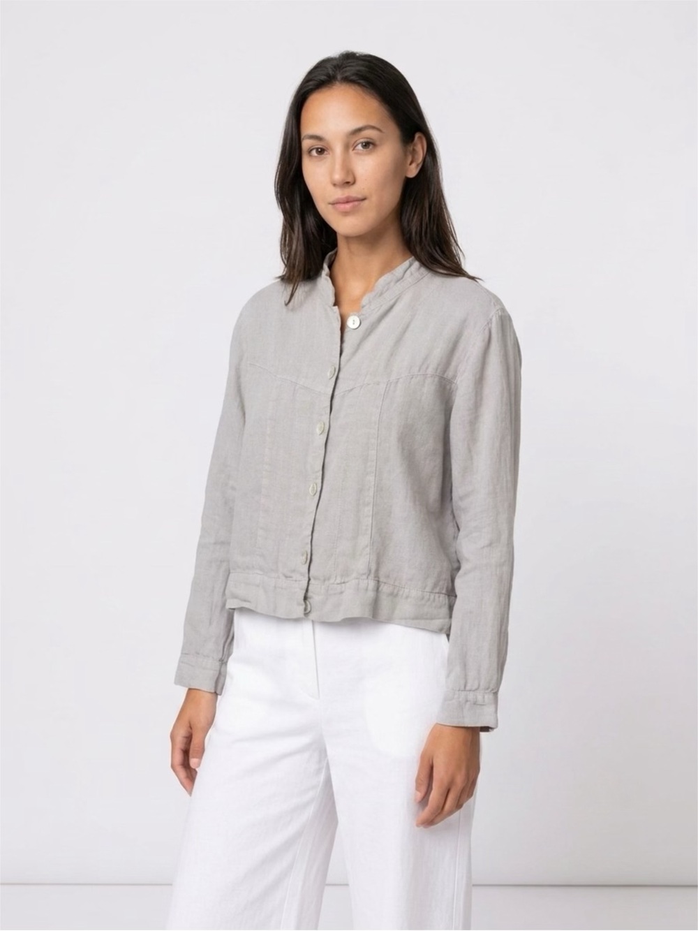 Women’s Match Point USA Linen Button Down Jacket Shirt Gray Band Collar Size M